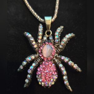 Pink and Silver Spider Pendant Necklace